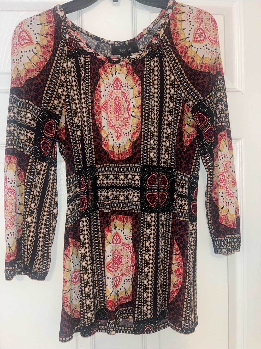 Style & Co. Long-Sleeve Printed Boho Tunic Dress in Black, Pink, Yellow